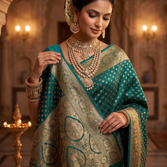 Teal Blue Banarasi Silk Saree with Golden Zari Butti Work, Broad Woven Border & Rich Designer Pallu for Women