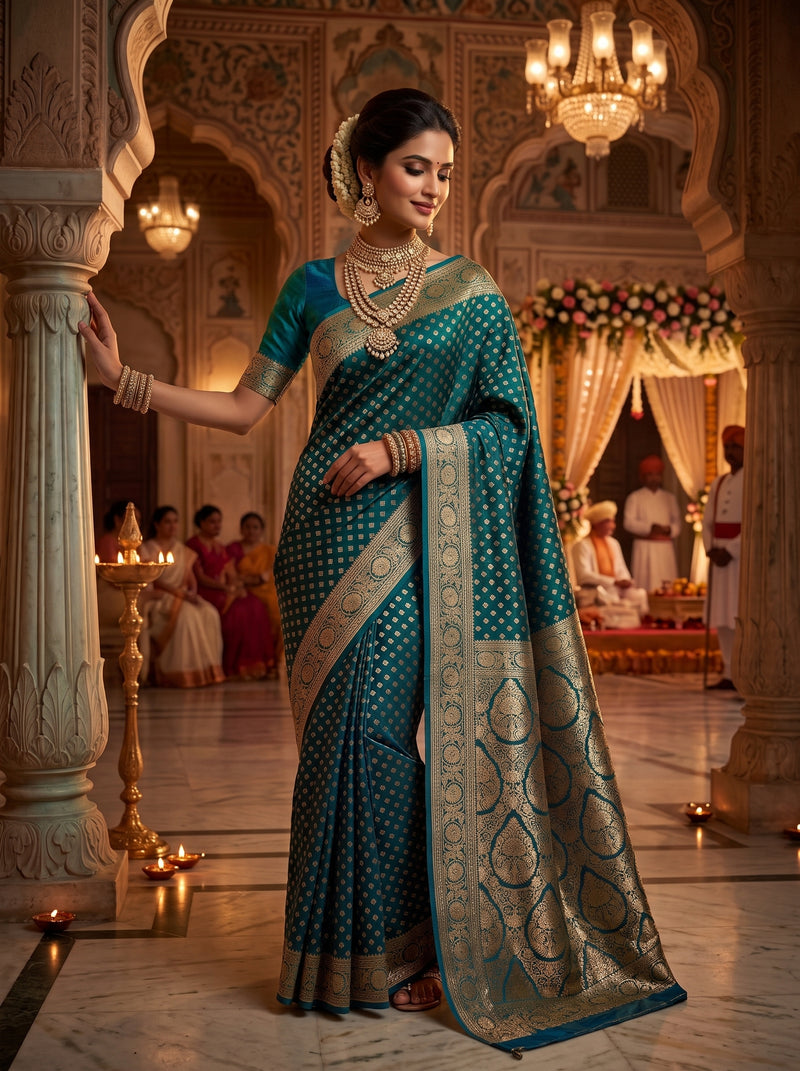 Teal Blue Banarasi Silk Saree with Golden Zari Butti Work, Broad Woven Border & Rich Designer Pallu for Women