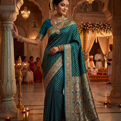 Teal Blue Banarasi Silk Saree with Golden Zari Butti Work, Broad Woven Border & Rich Designer Pallu for Women