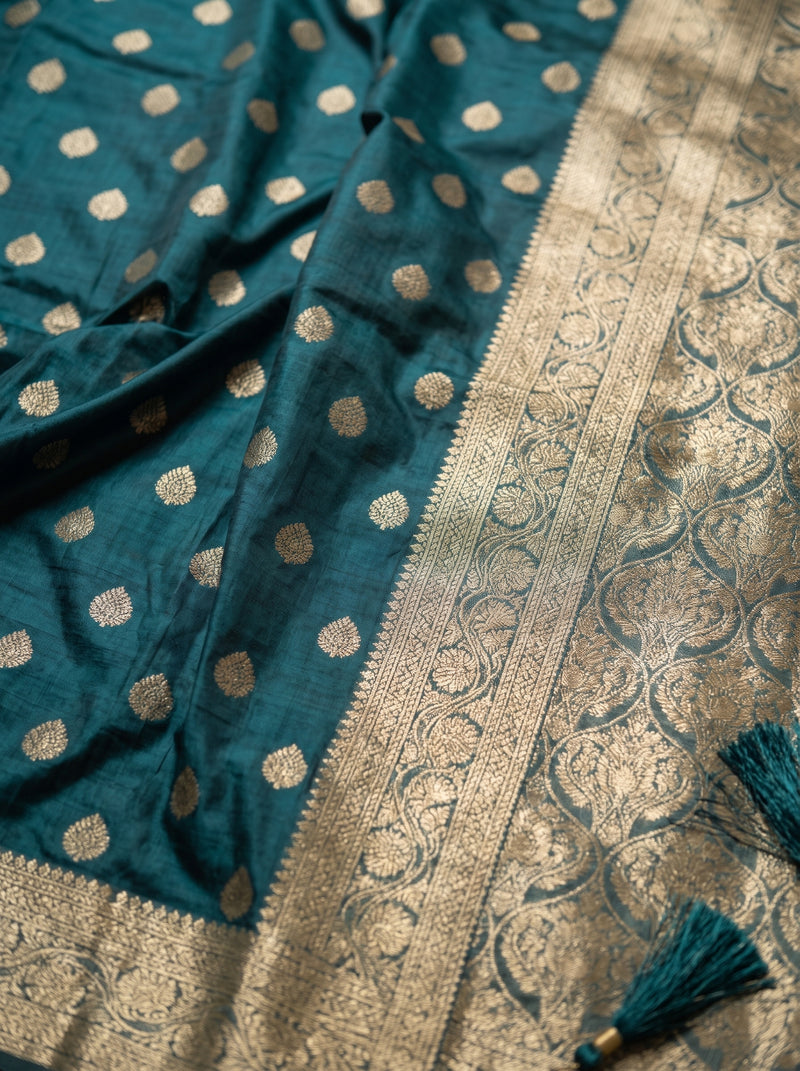 Teal Green Banarasi Silk Saree with Golden Zari Butti Work, Woven Border & Rich Pallu for Women