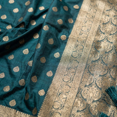 Teal Green Banarasi Silk Saree with Golden Zari Butti Work, Woven Border & Rich Pallu for Women