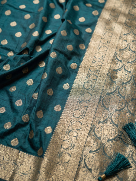 Teal Green Banarasi Silk Saree with Golden Zari Butti Work, Woven Border & Rich Pallu for Women