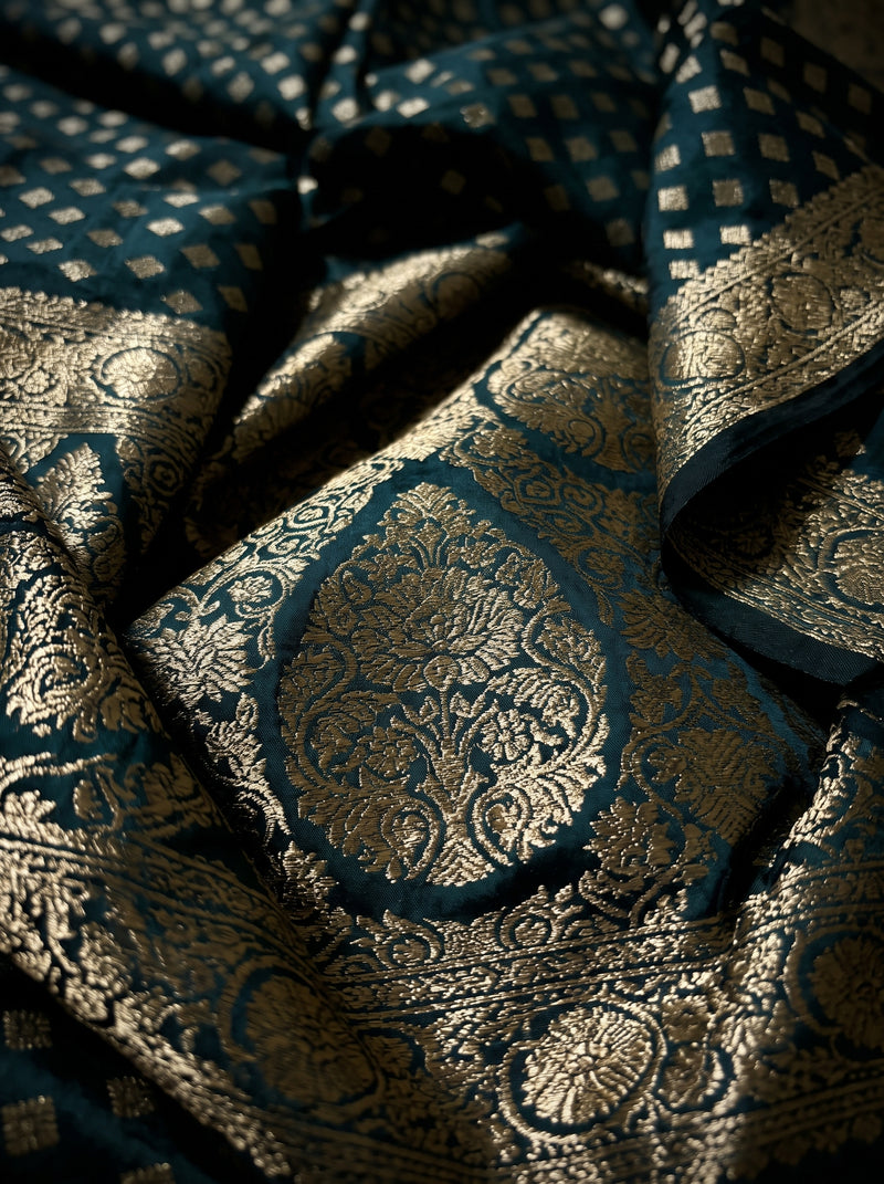 Teal Blue Banarasi Silk Saree with Golden Zari Butti Work, Broad Woven Border & Rich Designer Pallu for Women