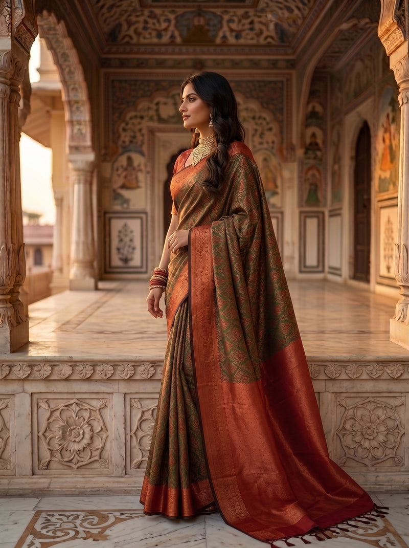 Olive Green & Rust Orange Jacquard Woven Saree with Rich Zari Border & Pallu