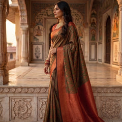 Olive Green & Rust Orange Jacquard Woven Saree with Rich Zari Border & Pallu