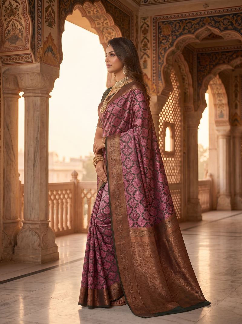 Magenta & Green Jacquard Woven Saree with Rich Copper Zari Border & Pallu