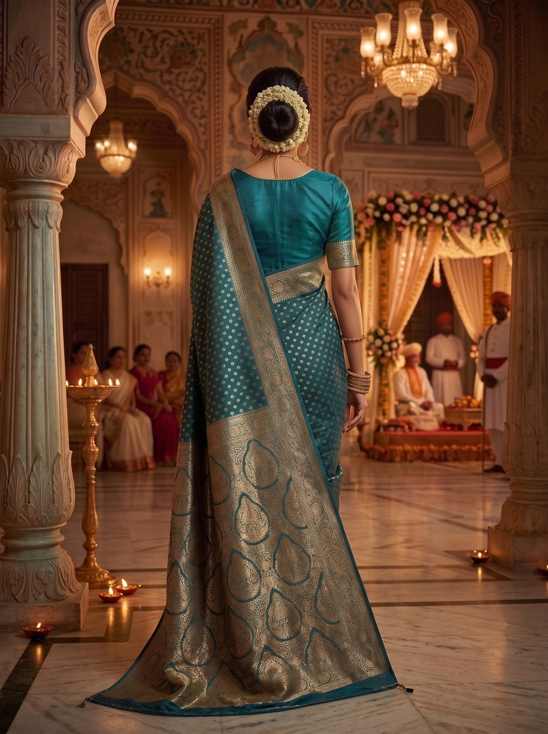 Teal Blue Banarasi Silk Saree with Golden Zari Butti Work, Broad Woven Border & Rich Designer Pallu for Women