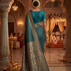 Teal Blue Banarasi Silk Saree with Golden Zari Butti Work, Broad Woven Border & Rich Designer Pallu for Women