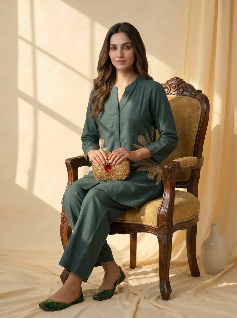 Forest Green Linen Co-ord Set with Gold Sunburst Embroidery