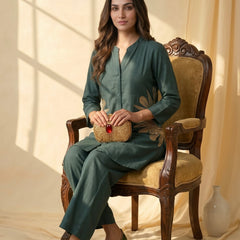 Forest Green Linen Co-ord Set with Gold Sunburst Embroidery