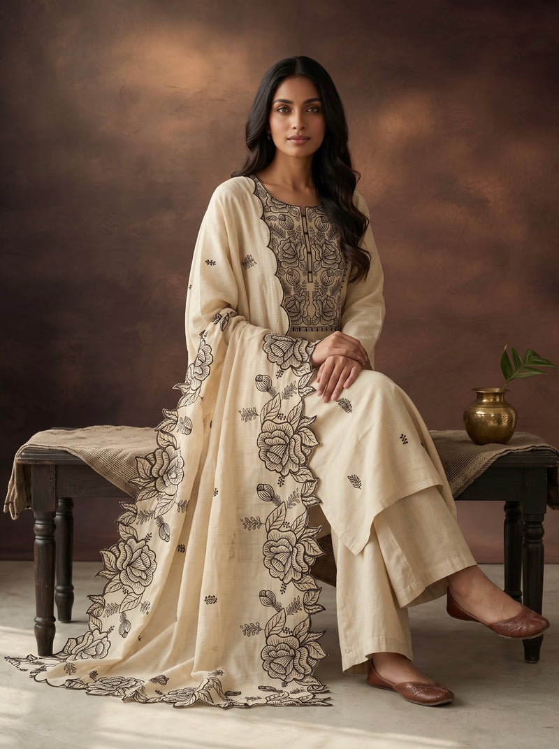 Cream Kurta Set with Black Rose Embroidery
