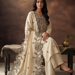Cream Kurta Set with Black Rose Embroidery