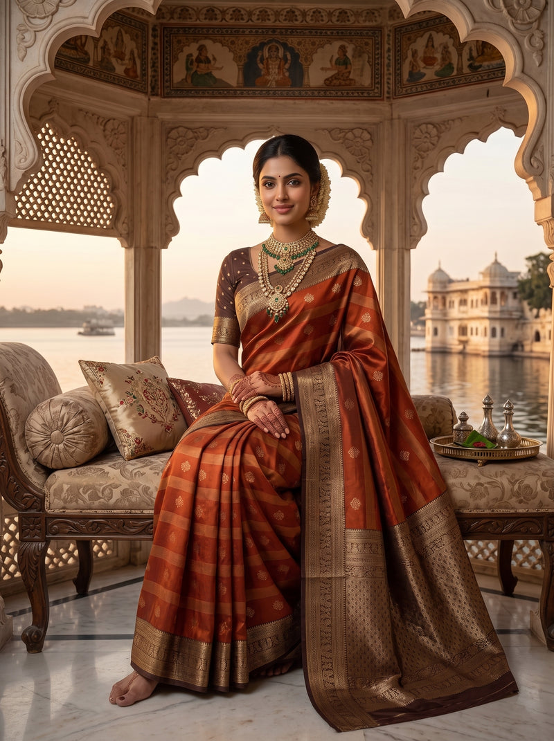 Rust Orange Art Silk Banarasi Saree with Deep Brown Contrast Border & Blouse Piece
