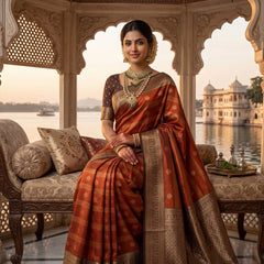 Rust Orange Art Silk Banarasi Saree with Deep Brown Contrast Border & Blouse Piece