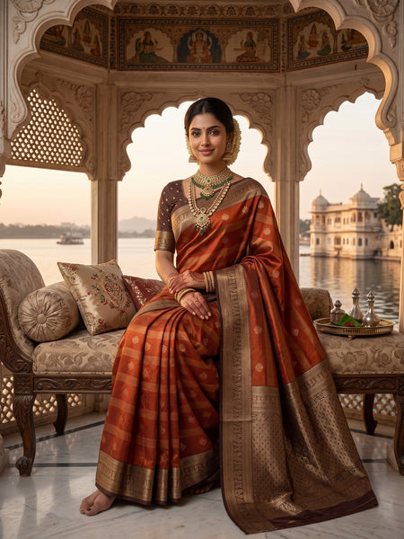 Rust Orange Art Silk Banarasi Saree with Deep Brown Contrast Border & Blouse Piece