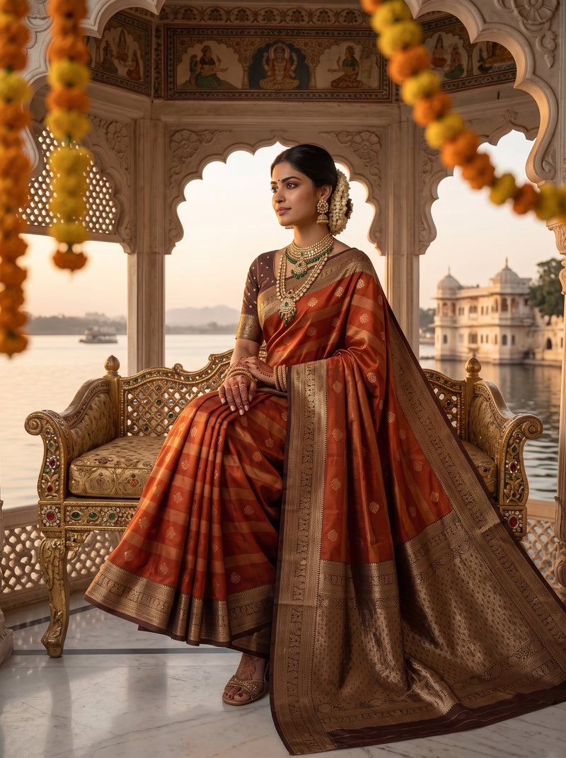 Rust Orange Art Silk Banarasi Saree with Deep Brown Contrast Border & Blouse Piece