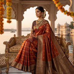 Rust Orange Art Silk Banarasi Saree with Deep Brown Contrast Border & Blouse Piece