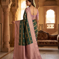 Bottle Green Art Silk Banarasi Saree with Dusty Pink Contrast Border & Blouse Piece