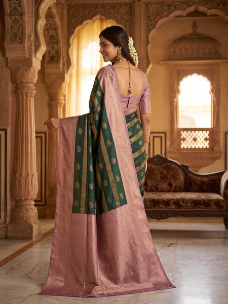 Bottle Green Art Silk Banarasi Saree with Dusty Pink Contrast Border & Blouse Piece