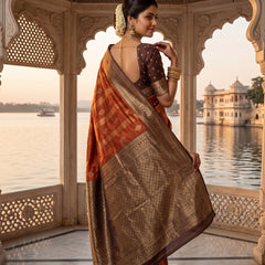Rust Orange Art Silk Banarasi Saree with Deep Brown Contrast Border & Blouse Piece