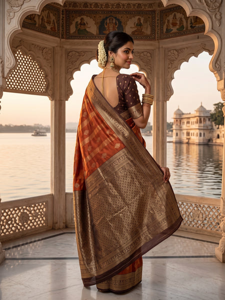 Rust Orange Art Silk Banarasi Saree with Deep Brown Contrast Border & Blouse Piece
