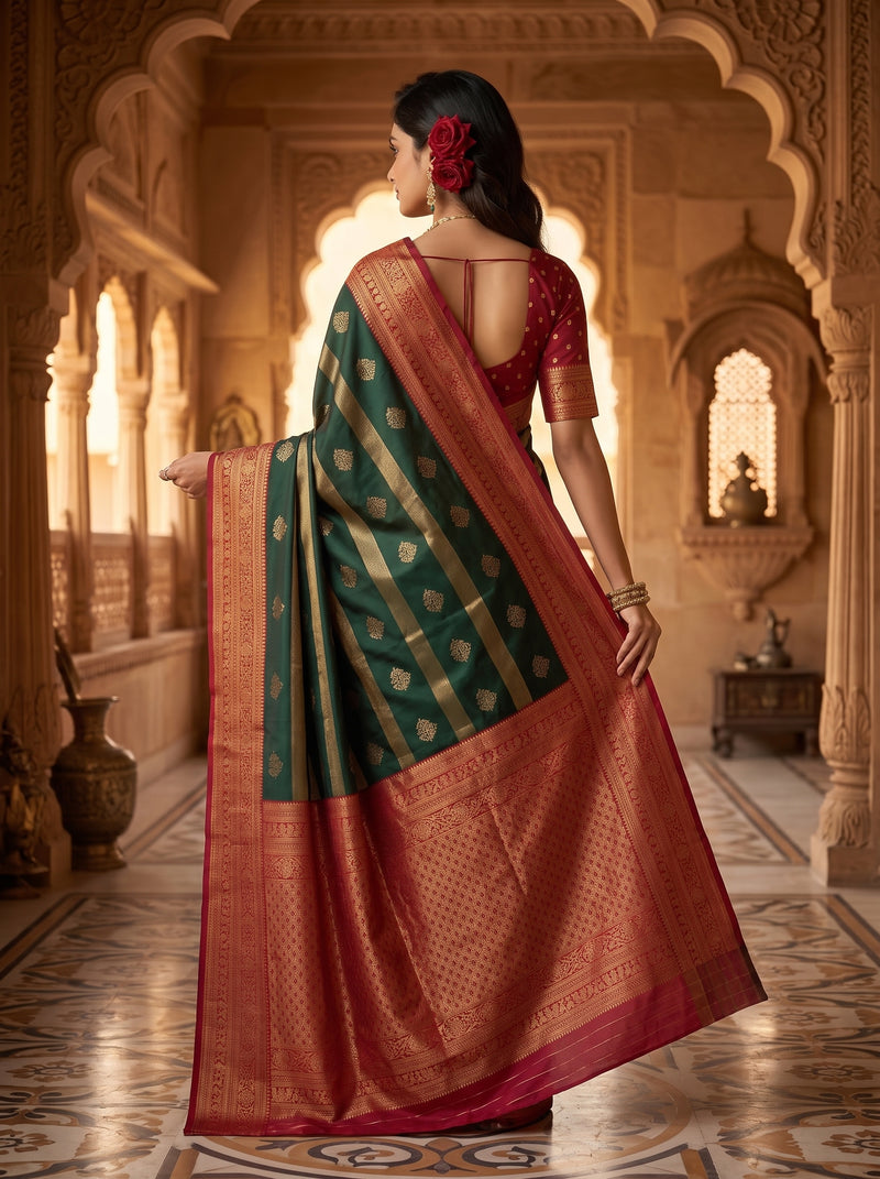 Regal Bottle Green & Crimson Red Striped Banarasi Silk Saree