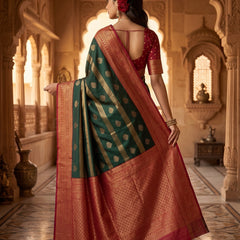 Regal Bottle Green & Crimson Red Striped Banarasi Silk Saree