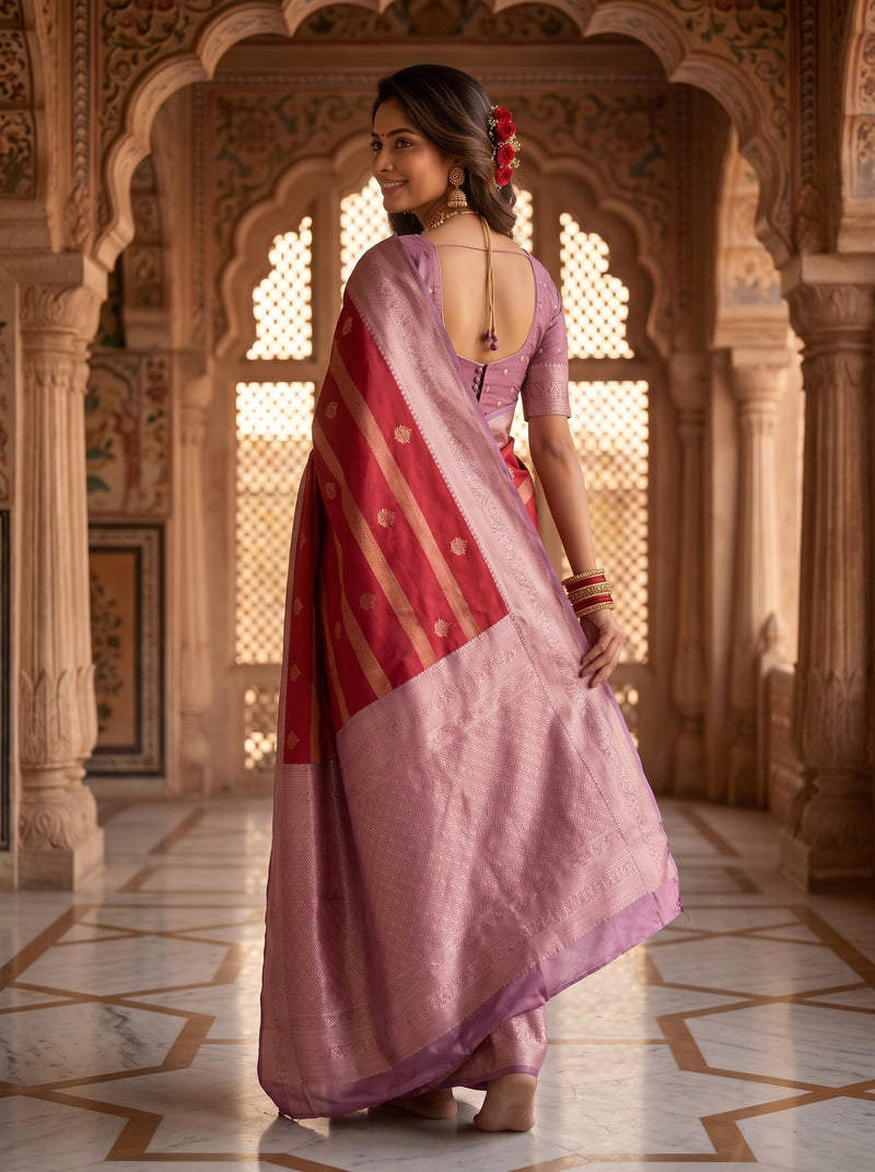 Regal Crimson Red & Dusty Lavender Striped Banarasi Silk Saree