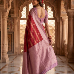 Regal Crimson Red & Dusty Lavender Striped Banarasi Silk Saree