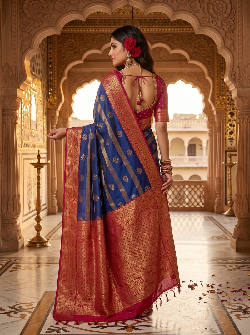 Regal Royal Blue & Rani Pink Striped Banarasi Silk Saree