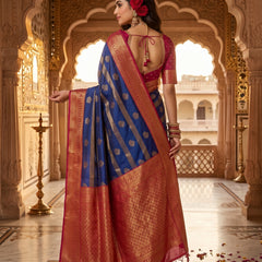 Regal Royal Blue & Rani Pink Striped Banarasi Silk Saree