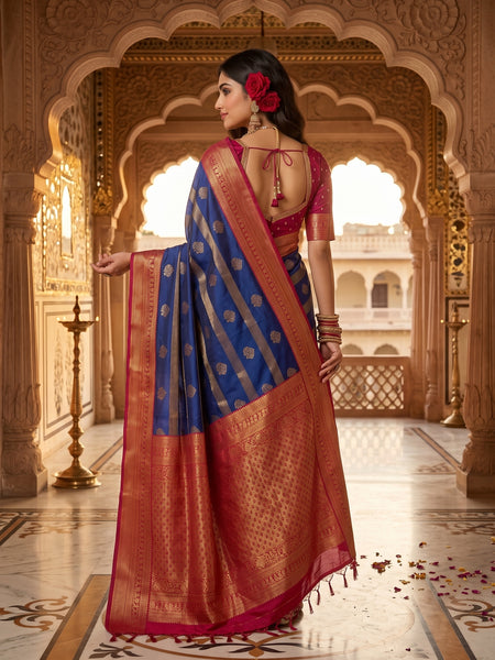 Regal Royal Blue & Rani Pink Striped Banarasi Silk Saree