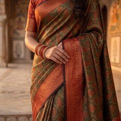 Olive Green & Rust Orange Jacquard Woven Saree with Rich Zari Border & Pallu