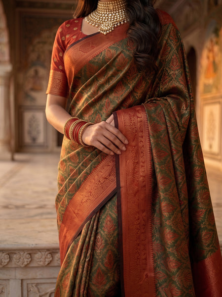 Olive Green & Rust Orange Jacquard Woven Saree with Rich Zari Border & Pallu