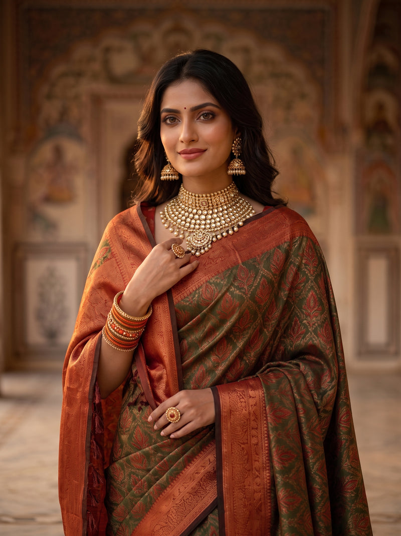 Olive Green & Rust Orange Jacquard Woven Saree with Rich Zari Border & Pallu