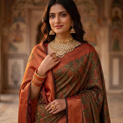 Olive Green & Rust Orange Jacquard Woven Saree with Rich Zari Border & Pallu