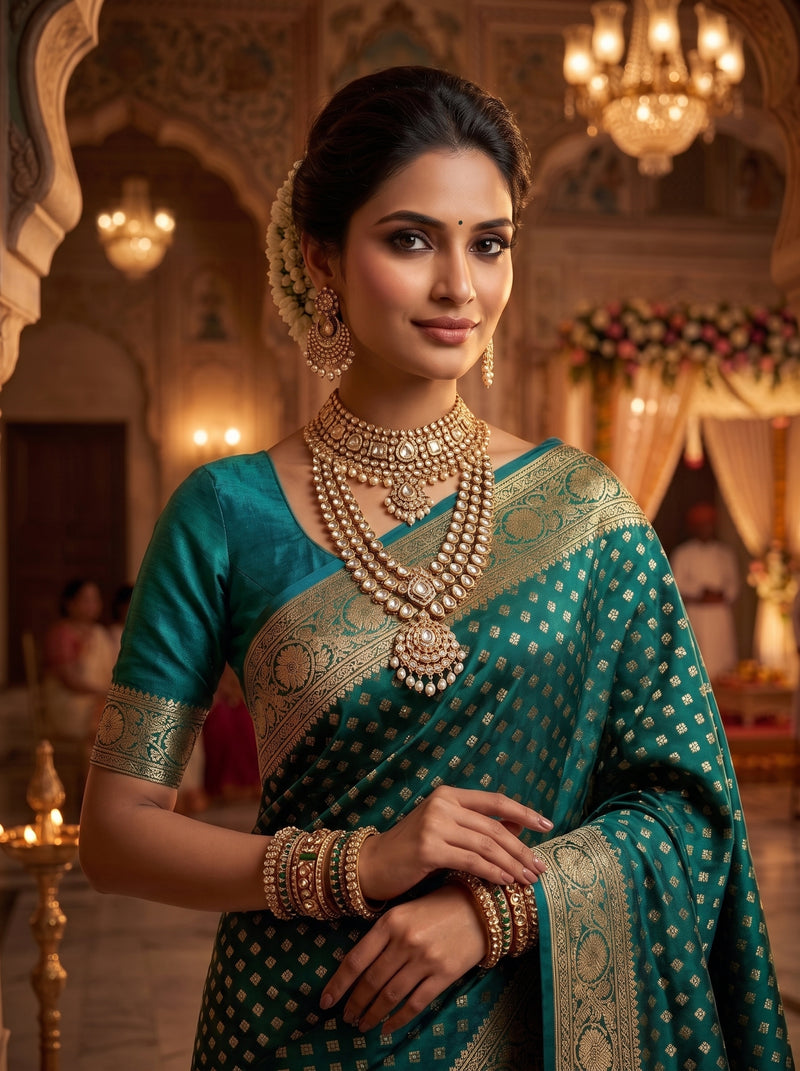 Teal Blue Banarasi Silk Saree with Golden Zari Butti Work, Broad Woven Border & Rich Designer Pallu for Women