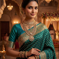 Teal Blue Banarasi Silk Saree with Golden Zari Butti Work, Broad Woven Border & Rich Designer Pallu for Women