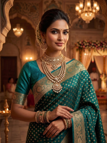 Teal Blue Banarasi Silk Saree with Golden Zari Butti Work, Broad Woven Border & Rich Designer Pallu for Women
