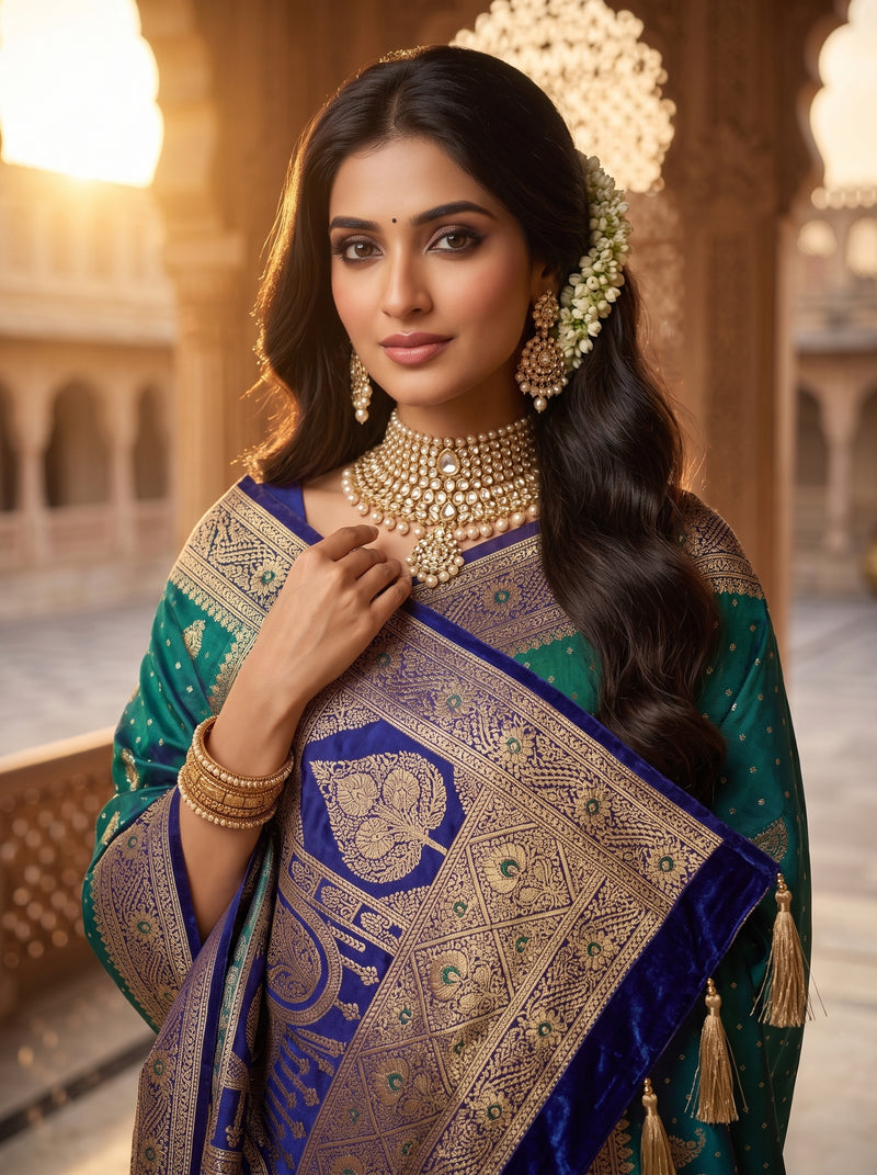 Royal Peacock Green Art Silk Banarasi Saree with Purple Contrast Border & Blouse Piece