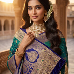 Royal Peacock Green Art Silk Banarasi Saree with Purple Contrast Border & Blouse Piece