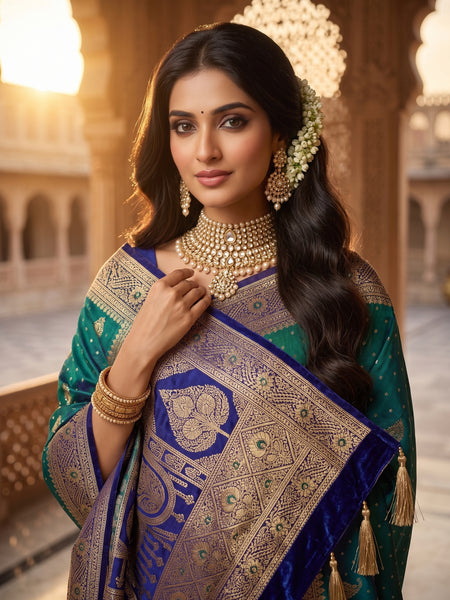 Royal Peacock Green Art Silk Banarasi Saree with Purple Contrast Border & Blouse Piece