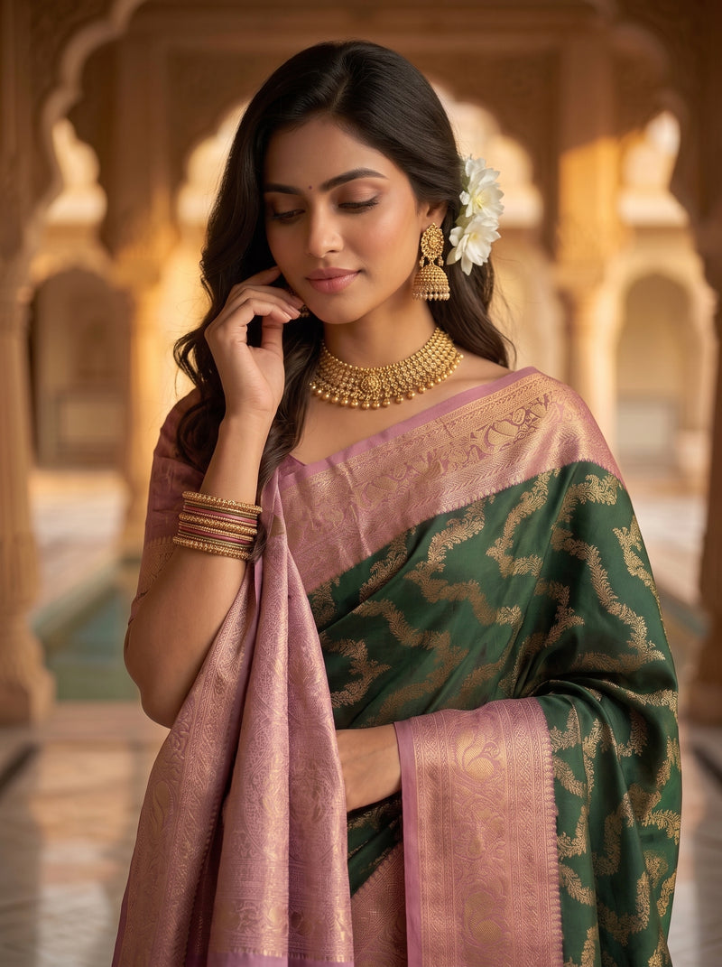 Bottle Green Art Silk Banarasi Saree with Dusty Pink Contrast Border & Blouse Piece
