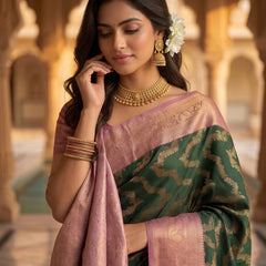 Bottle Green Art Silk Banarasi Saree with Dusty Pink Contrast Border & Blouse Piece