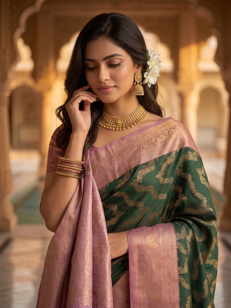 Bottle Green Art Silk Banarasi Saree with Dusty Pink Contrast Border & Blouse Piece