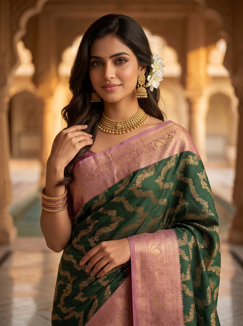 Bottle Green Art Silk Banarasi Saree with Dusty Pink Contrast Border & Blouse Piece