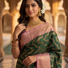 Bottle Green Art Silk Banarasi Saree with Dusty Pink Contrast Border & Blouse Piece