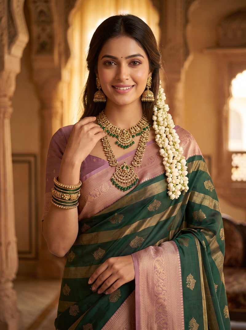 Bottle Green Art Silk Banarasi Saree with Dusty Pink Contrast Border & Blouse Piece