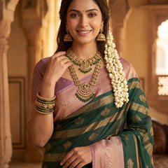 Bottle Green Art Silk Banarasi Saree with Dusty Pink Contrast Border & Blouse Piece