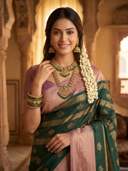 Bottle Green Art Silk Banarasi Saree with Dusty Pink Contrast Border & Blouse Piece